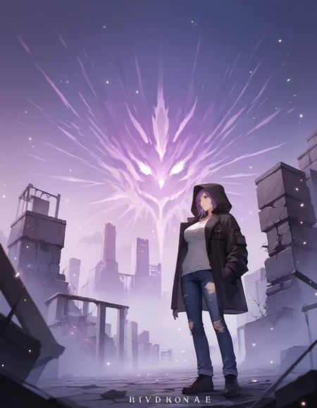 score_9, score_8_up, score_7_up BREAK 1girl, solo, large breasts, torn clothes, hoodie, coat, jeans, purple sky, fog, glowing, light particles, post-apocalypse, city, ruins