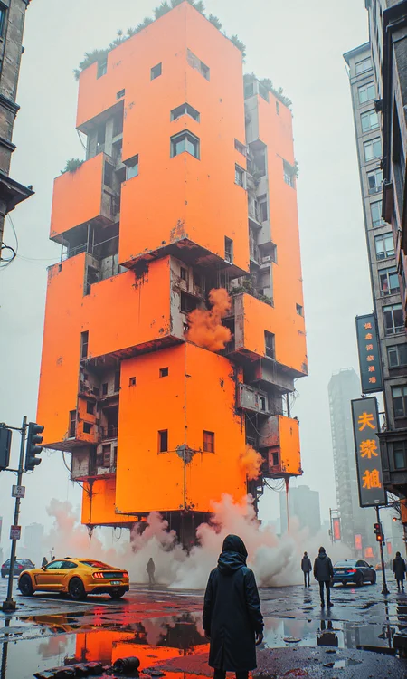 A futuristic cityscape. An orange-colored tall building that is partially obscured by a thick layer of fog. The orange paint is splattered all over the building, creating a chaotic scene.
In the foreground, there is a reflection of the building in the water below. In the background, there are several cars floating in air, a few people walking on the sidewalk, and a few buildings visible in the distance. The sky is overcast. <lora:ck-digital-abstraction:0.6> <lora:MoriiMee_Gothic_Niji_Style_FLUX:0.6> <lora:neon-mist03-000015:0.8> <lora:aidmaMJv7-FLUX-v0.1:0.4>
