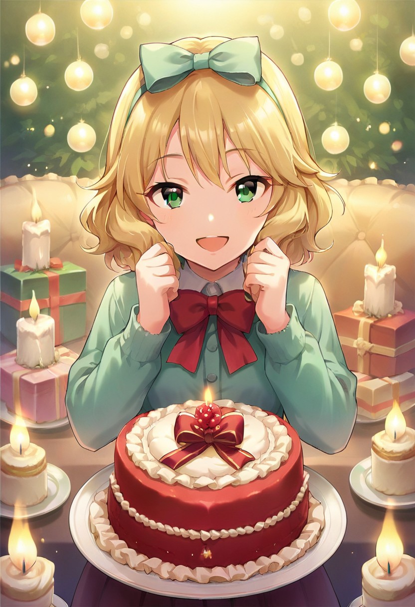 score_9, score_8_up, score_7_up, source_anime,sakurai momoka, blonde hair, green eyes, short hair, 1girl, solo, gift, food, smile, cake, open mouth, bow, hair bow, candle, looking at viewer
