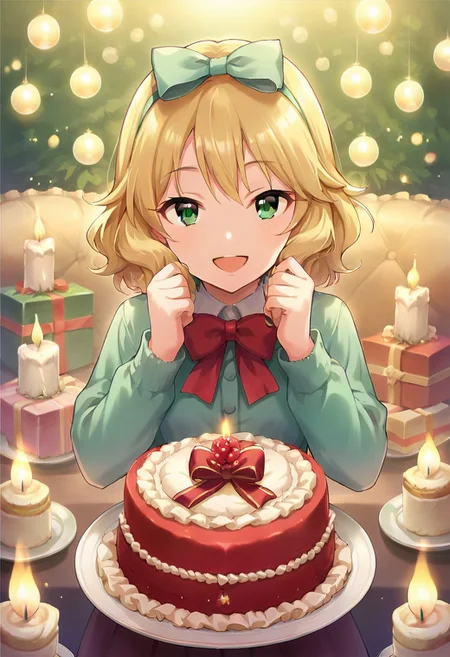 score_9, score_8_up, score_7_up, source_anime,sakurai momoka, blonde hair, green eyes, short hair, 1girl, solo, gift, food, smile, cake, open mouth, bow, hair bow, candle, looking at viewer