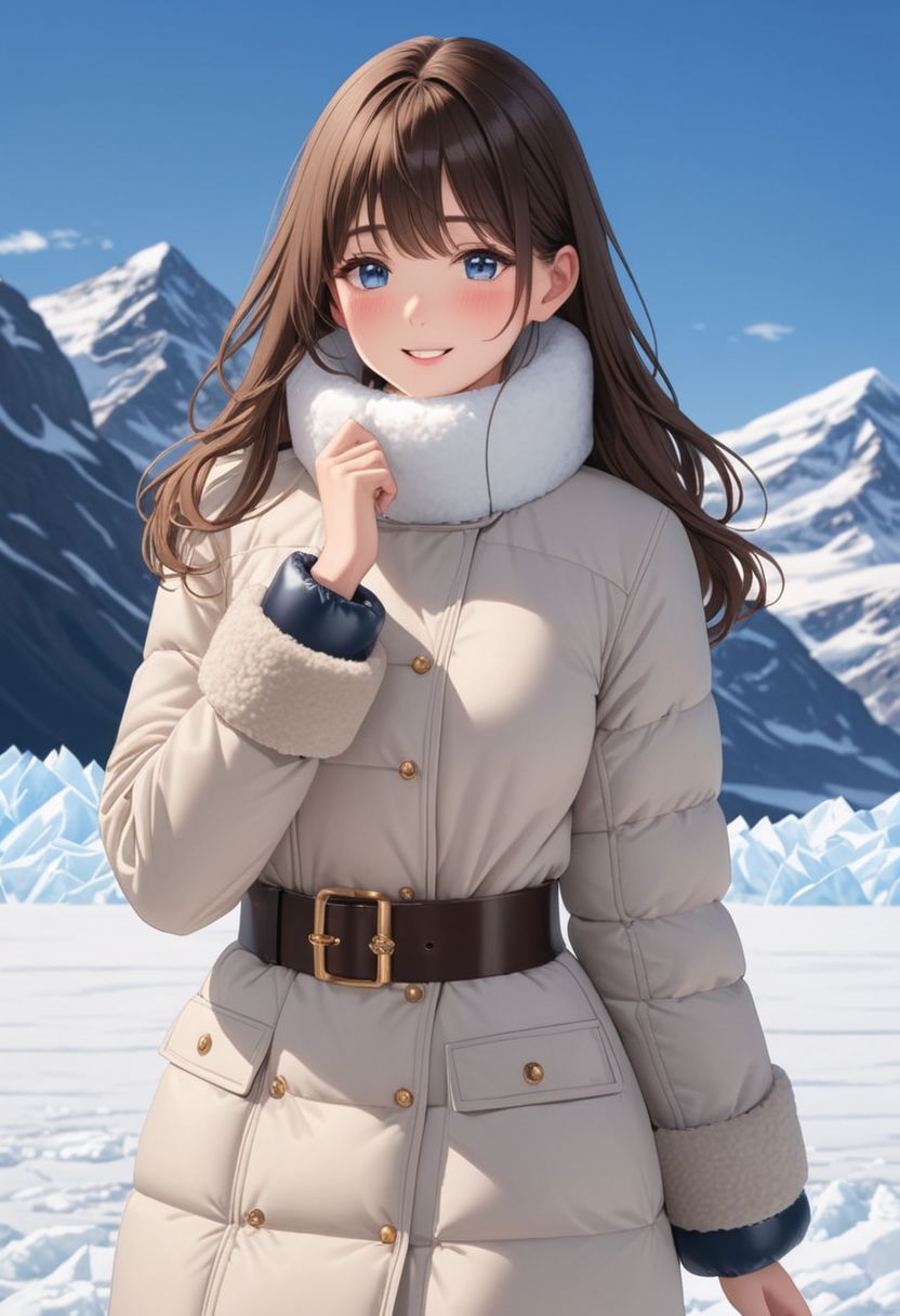 ((((white Oversized shearling down jacket)))), ((((white Oversized shearling puffer jacket)))), ((((white Oversized shearling winter clothes)))), ((((very very cold, in cold)))), ((((semi-realistic)))), ((((puffer hood)))), ((medium knee office skirt, pantyhose, boots)), ((((full body shot)))), ((sharp eyelid, eyeliner, eyelashes, beautiful detailed eyes, tsurime, long messy brown hair, blue eyes, perfect anatomy)), detailed fingers, solo, smile, standing, icefield, ((((masterpiece)))), ((((best quality)))), ((intricate details)), RAW, 8K UHD, (1girl), office lady, detailed face, beautiful face, charming, bonny, (((blush))), (((heavy breathing))), (((feels orgasm))), wind, (Thick padded collar:1.4), (TSH:1.4), (Thick padded cuffs:1.4)