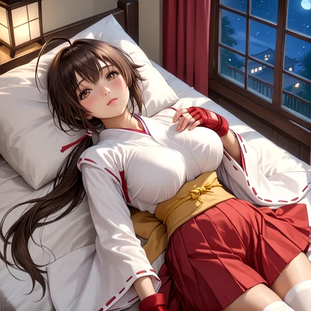 aamusubi, long hair, brown hair, low ponytail, ahoge, japanese clothes, wide sleeves, fingerless gloves, ribbon trim, sash, pleated skirt, red skirt, white thighhighs, blush, bedroom, on bed, large breasts,(nsfw:1.2), (window, night, night sky:1.2), 1girl, looking at viewer, (lying, on back:1.3), from above, full body, (Masterpiece:1.2), (Best Quality), full body portrait,(detailed body:1.3),(detailed face:1.2)