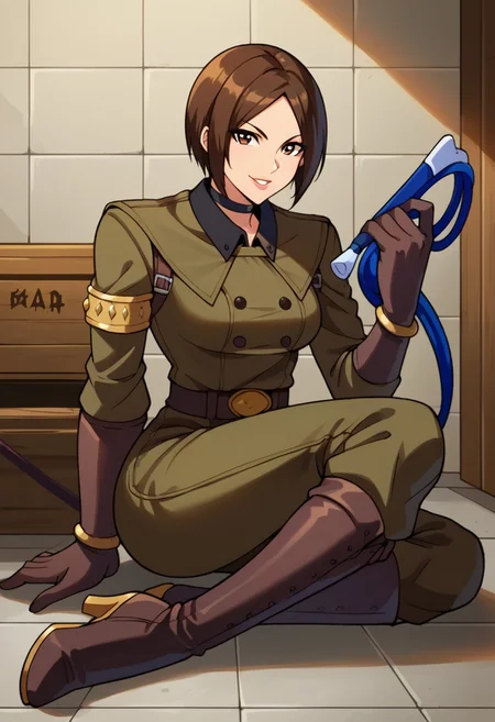 1girl, solo, score_9, score_8_up, score_7_up, masterpiece, high quality, anime, 2d, cute face, lips,
whipKOF, brown hair, short hair, brown eyes, choker, uniform, military, military uniform, bracelet, brown gloves, pants, brown boots, high heels, whip, holding whip, gloves, boots, 
sitting, facing forward, looking at viewer, flirty, happy,
indoors, cargo room, empty crates,