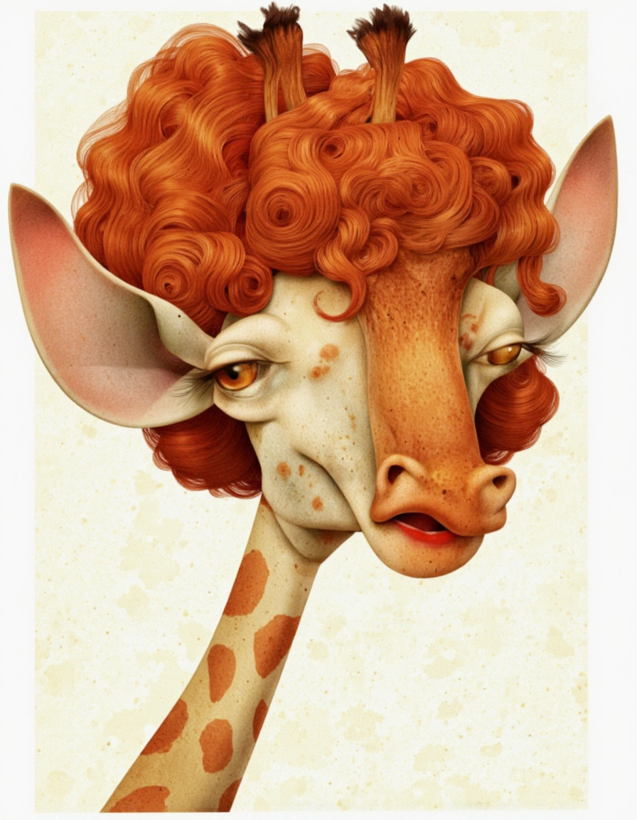 Art by Jean-Baptiste Vendamme. A digital illustration shoot from a close-up camera angle about a cartoon-style illustration of a giraffe with curly orange hair and a playful expression. the image also shows a square white background with a light, textured, floral pattern. on the middle of the image, a 20 years old, no human, 1giraffe, who appear to be looking at viewer, with a neutral expression, with brown eyes, curly brown hair, and a red, slightly parted mouth, wearing red lipstick. the animal is facing the viewer and looking directly at the viewer.