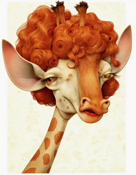 Art by Jean-Baptiste Vendamme. A digital illustration shoot from a close-up camera angle about a cartoon-style illustration of a giraffe with curly orange hair and a playful expression. the image also shows a square white background with a light, textured, floral pattern. on the middle of the image, a 20 years old, no human, 1giraffe, who appear to be looking at viewer, with a neutral expression, with brown eyes, curly brown hair, and a red, slightly parted mouth, wearing red lipstick. the animal is facing the viewer and looking directly at the viewer.