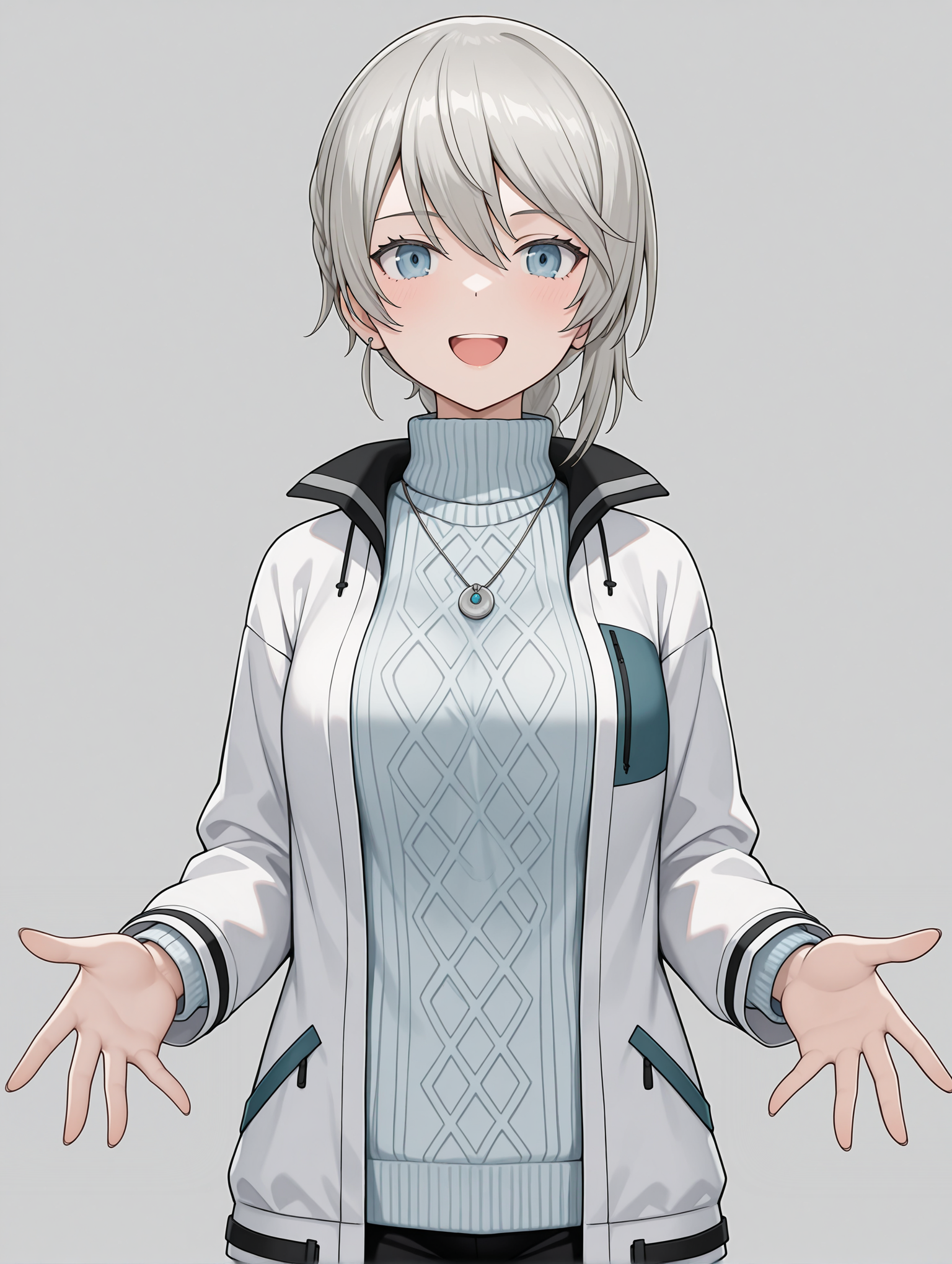 masterpiece,best quality,newest,
1girl,solo,
<lora:ADELAIDE_BLUTHAUSEN_ilxl_v1.0:1>,a_bluthausen,grey hair,blue eyes,braided ponytail,
s_nase,necklace,white jacket,long sleeves,turtleneck sweater,black pants,<lora:Fixhands_anime_bdsqlsz_V1:1>,looking_at_viewer,standing,simple_background,white_background,open hands,portrait,straight-on,cowboy_shot,laughing,