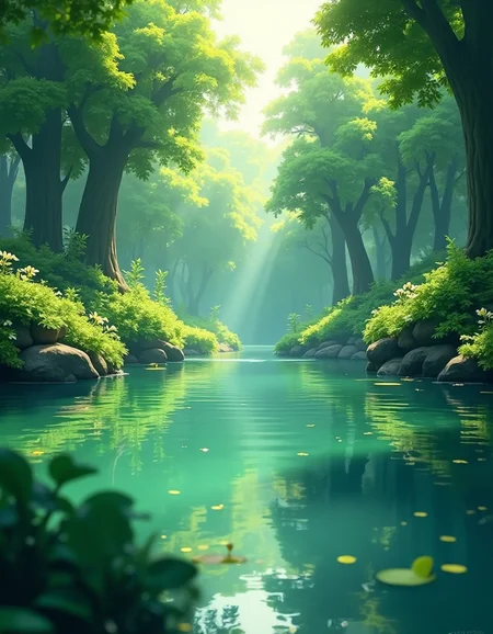 "Low-angle shot, capturing a delicate, repletely still pond surrounded by lush greenery and towering trees, with a hint of latitancy as the water's surface gently undulates. The scene is lit by soft, warm light from above, reminiscent of Studio Ghibli's signature style, evoking feelings of serenity and wonder. Composition inspired by the works of Hayao Miyazaki, with an emphasis on natural textures, such as those found in the nipplewort and wocheinite plants growing along the pond's edge. Technical Quality: 8K resolution, photorealistic rendering, with a subtle emphasis on soft focus to convey the impressionistic atmosphere. Special effects: minimal, with a focus on capturing the subtleties of natural light and color palette. The rough, gritty textures of the surrounding environment are balanced by the smooth, satin-like quality of the pond's surface, creating a sense of visual harmony that is both warm and inviting.", <lora:models\Flux\detailed_flux_ntc:0.7>, <lora:models\Flux\FLUX.1-Turbo-Alpha>