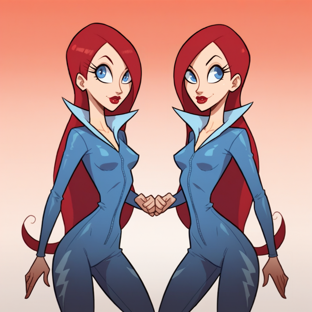 score_9_up, score_8_up, BREAK, MissXZ, 2girls, sisters, solo, red hair, long hair, blue eyes, red lips, bodysuit, cowboy shot, <lora:MissXandMissZ_PXL_Leaf2:1>, gradient background,
