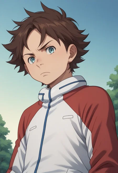 score_9, score_8_up, score_7_up, source_anime, highly detailed,
renton, 1boy, solo, brown hair, male focus, blue eyes, jacket, looking at viewer, raglan sleeves, frown
outdoor, sky, tree