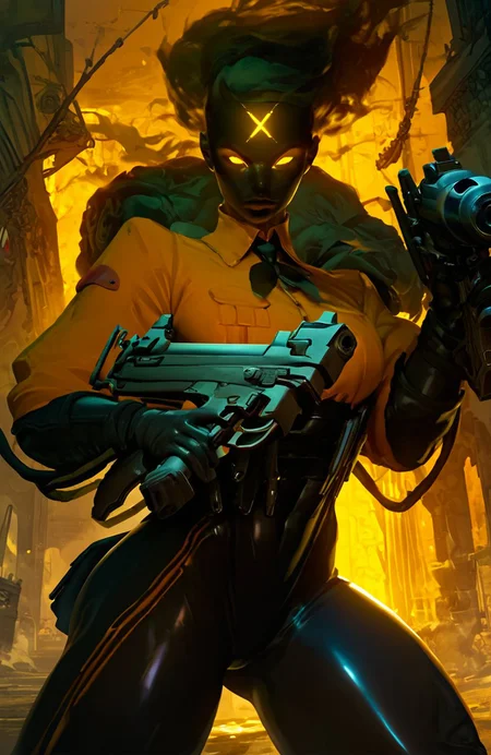 score_9, score_8_up, score_7_up,
beautiful muscular haze_dl, 1girl, sexy, yellow eyes, glowing, dark skin, glowing eyes, weapon, gun, holding, holding weapon, bodysuit, holding gun
<lora:cutesexyronutts_style_xl:0.8> <lora:Fant5yP0ny:0.5> <lora:Haze:0.9>