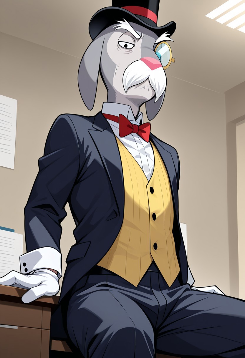 masterpiece, best quality, amazing quality, very aesthetic, absurdres, newest,  high quality, detailed, male, solo male, MrHerriman, 1boy, mature male, male, chubby, anthro, rabbit, grey fur, floppy ears, black eyes, mustache, bushy eyebrows, facial hair, tuxedo jacket, yellow vest, bow tie, top hat, monocle, formal, looking at viewer, half lidded eyes, stern expression, indoors, office, sitting at desk, half body, volumetric lighting