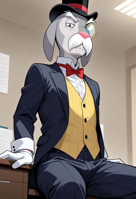 masterpiece, best quality, amazing quality, very aesthetic, absurdres, newest,  high quality, detailed, male, solo male, MrHerriman, 1boy, mature male, male, chubby, anthro, rabbit, grey fur, floppy ears, black eyes, mustache, bushy eyebrows, facial hair, tuxedo jacket, yellow vest, bow tie, top hat, monocle, formal, looking at viewer, half lidded eyes, stern expression, indoors, office, sitting at desk, half body, volumetric lighting