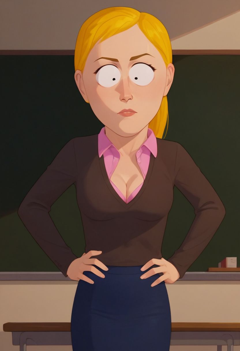 Score_9_up, score_8_up, score_7_up, 1girl, missstevensonsp, blonde hair, sweater, pink collared shirt, skirt, cleavage, hands on hip, solo, classroom, Expressiveh