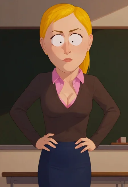 Score_9_up, score_8_up, score_7_up, 1girl, missstevensonsp, blonde hair, sweater, pink collared shirt, skirt, cleavage, hands on hip, solo, classroom, Expressiveh