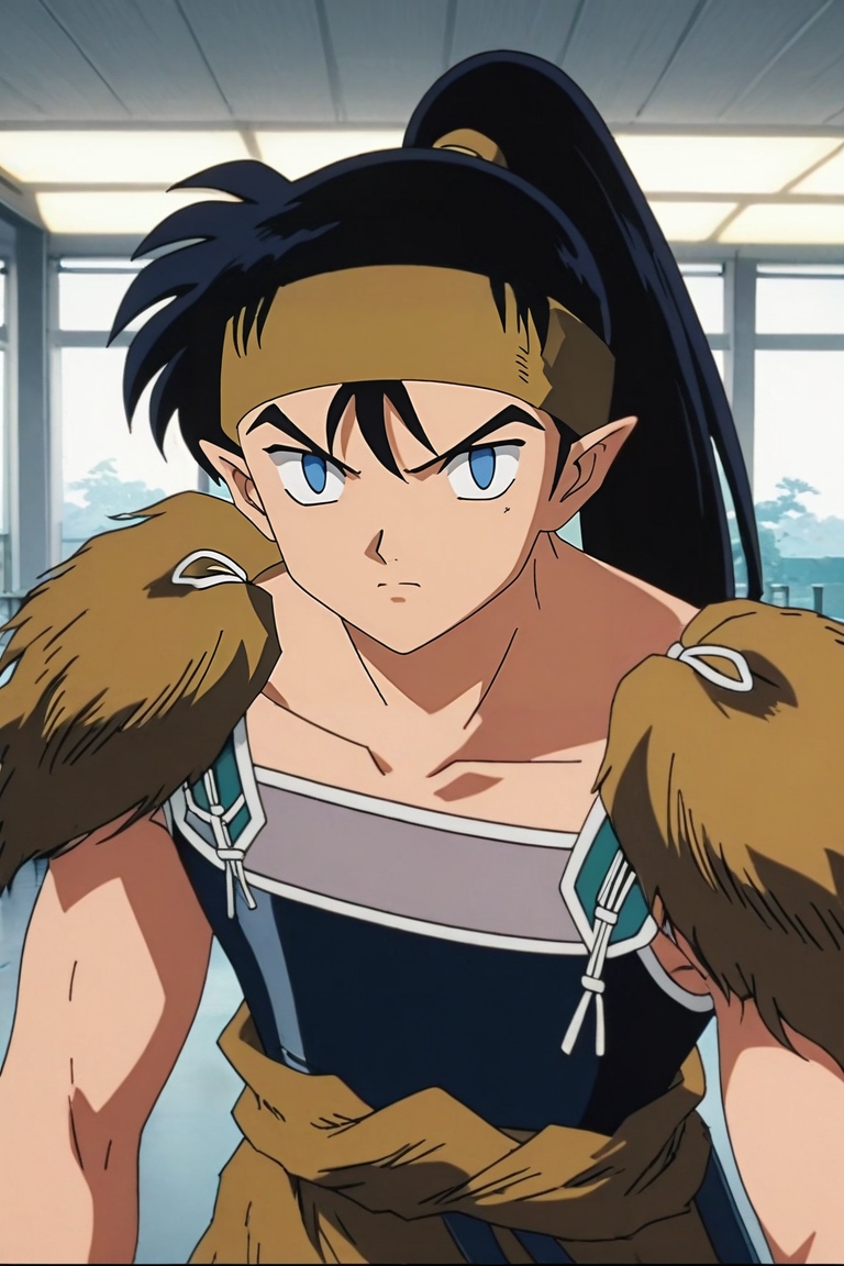 score_9, score_8_up, score_7_up, source_anime, rating_safe, , anime screencap, anime coloring, official style, looking at viewer, , 1boy, solo, male focus, <lora:kouga_inuyasha_pony:0.98>, kouga_inuyasha, black hair, blue eyes, long hair, ponytail, pointy ears, headband, , symmetry, airport, indoors, light, victory pose, nervous, dwarf costume, <lora:sdxl_lightning_8step_lora:1>