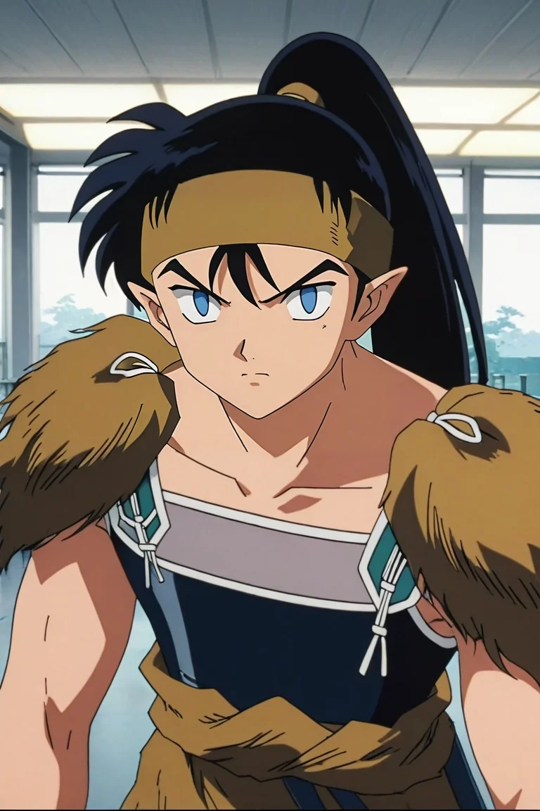 score_9, score_8_up, score_7_up, source_anime, rating_safe, , anime screencap, anime coloring, official style, looking at viewer, , 1boy, solo, male focus, <lora:kouga_inuyasha_pony:0.98>, kouga_inuyasha, black hair, blue eyes, long hair, ponytail, pointy ears, headband, , symmetry, airport, indoors, light, victory pose, nervous, dwarf costume, <lora:sdxl_lightning_8step_lora:1>