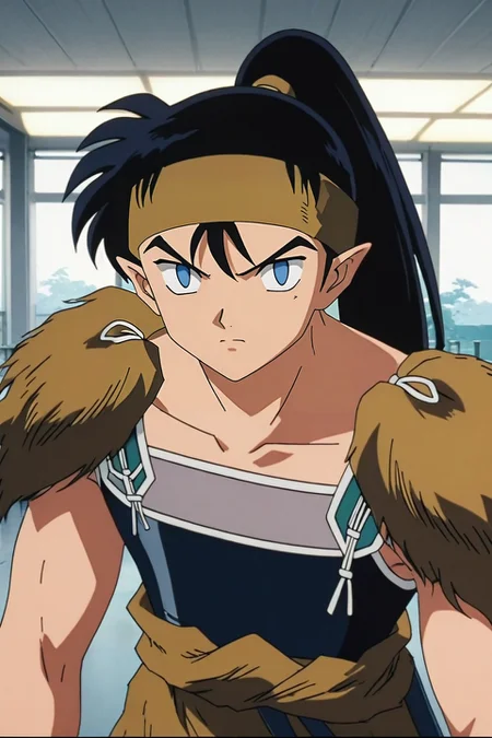 score_9, score_8_up, score_7_up, source_anime, rating_safe, , anime screencap, anime coloring, official style, looking at viewer, , 1boy, solo, male focus, <lora:kouga_inuyasha_pony:0.98>, kouga_inuyasha, black hair, blue eyes, long hair, ponytail, pointy ears, headband, , symmetry, airport, indoors, light, victory pose, nervous, dwarf costume, <lora:sdxl_lightning_8step_lora:1>