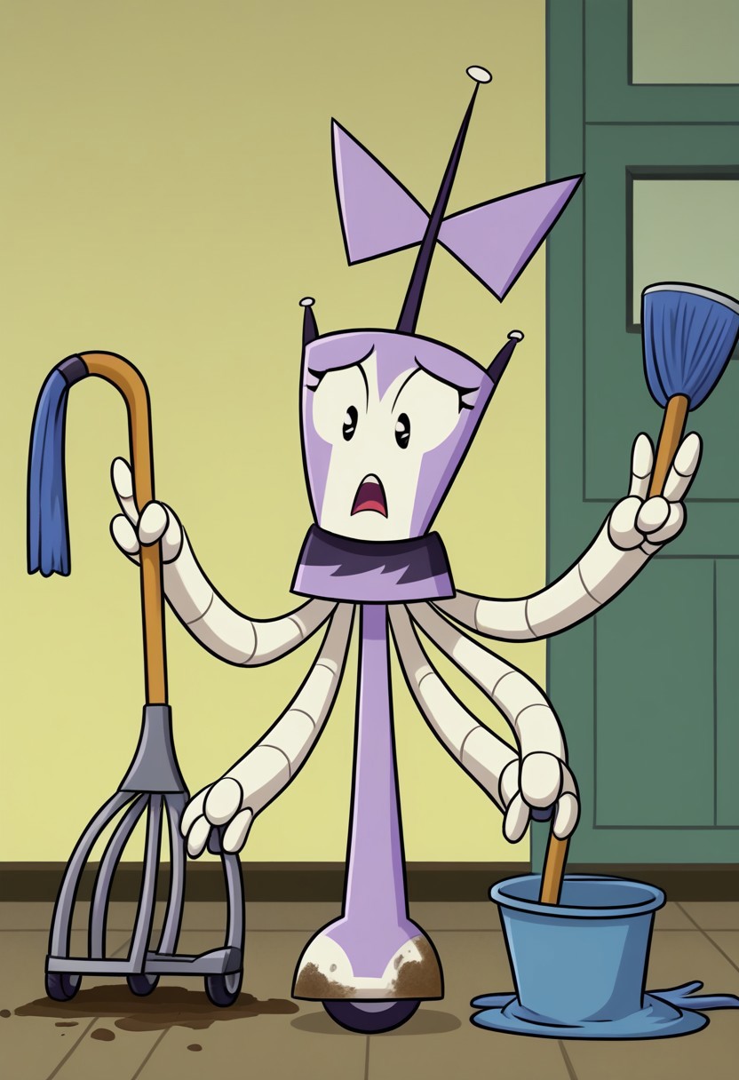 XJ-4_(MLAATR), 1girl, solo focus, female focus, robot, (four arms), purple bow, black and purple skirt, black eyes, indoors, two fingers, full body, standing, double v, kitchen, antenna, looking down, open mouth, surprised, frown, dirty floor, mud on floor, trash on floor, wheel on leg, holding mop, mop