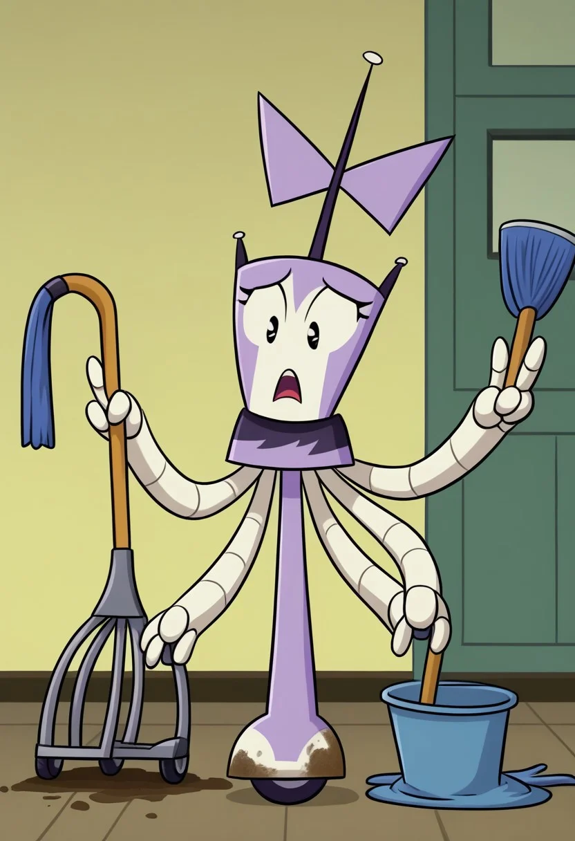 XJ-4_(MLAATR), 1girl, solo focus, female focus, robot, (four arms), purple bow, black and purple skirt, black eyes, indoors, two fingers, full body, standing, double v, kitchen, antenna, looking down, open mouth, surprised, frown, dirty floor, mud on floor, trash on floor, wheel on leg, holding mop, mop