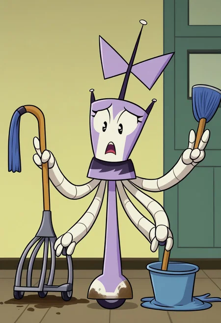 XJ-4_(MLAATR), 1girl, solo focus, female focus, robot, (four arms), purple bow, black and purple skirt, black eyes, indoors, two fingers, full body, standing, double v, kitchen, antenna, looking down, open mouth, surprised, frown, dirty floor, mud on floor, trash on floor, wheel on leg, holding mop, mop