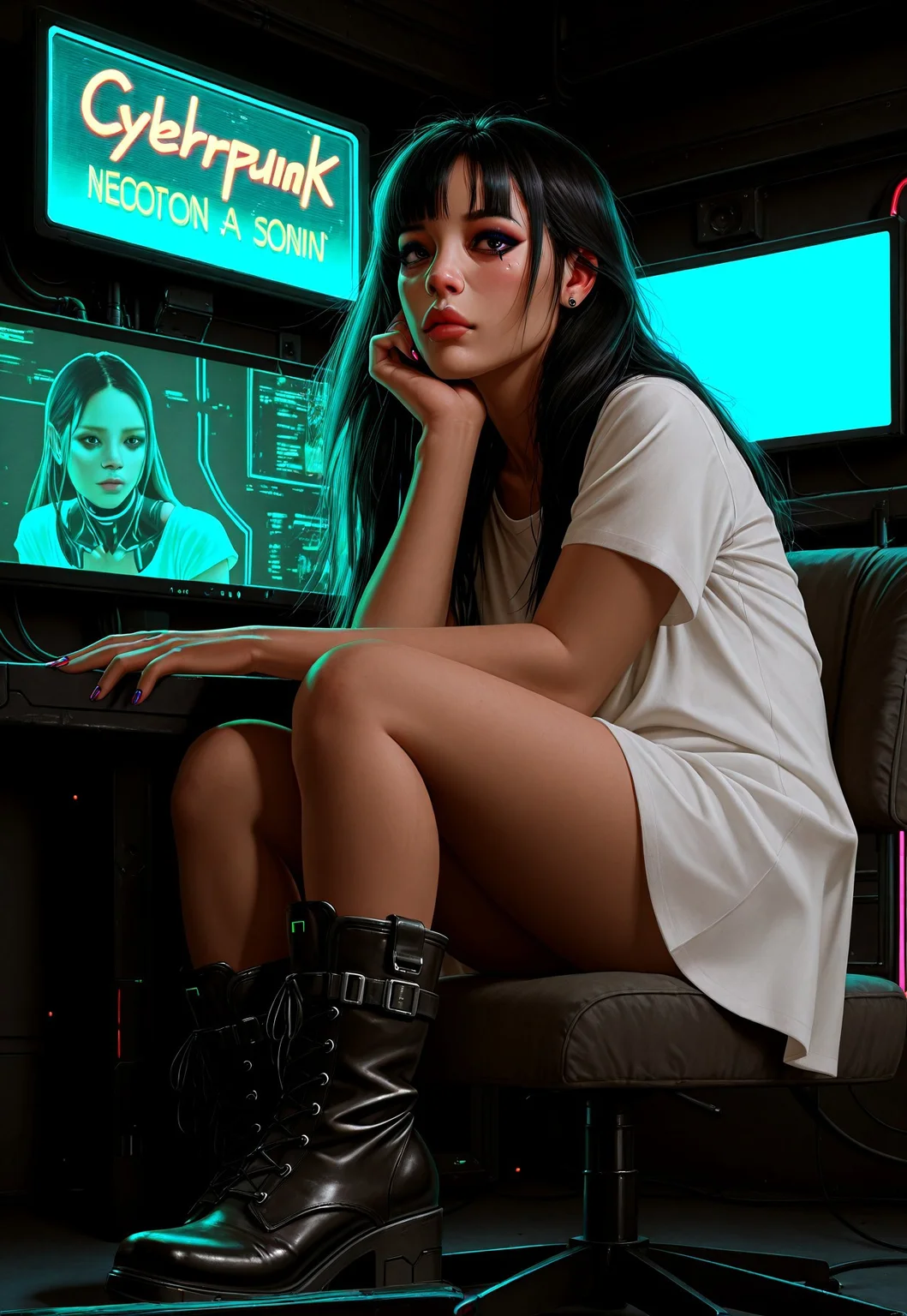 masterpiece, best quality, absurdres, very aesthetic, D3ND3N, girl, solo, sitting, black hair, long hair, nail polish, looking at viewer, realistic, neon lights, monitor, chair, shirt, nose, white shirt, boots, piercing, lips, cyberpunk, short sleeves, makeup, grainy, film photography
