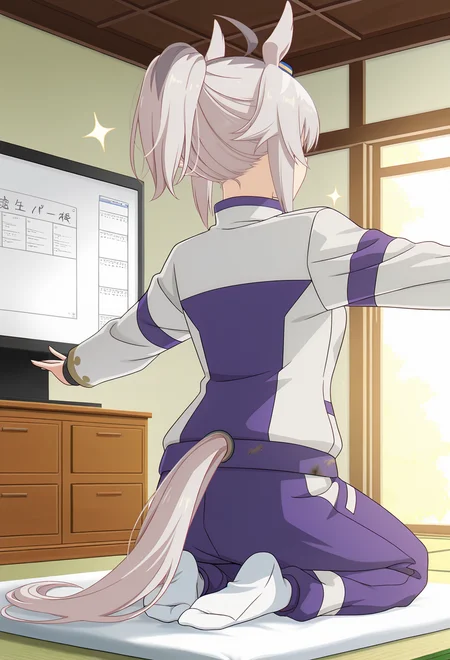 <lora:Oguri Cap_illustrious-000028:1>,
oguri cap \(umamusume\),horse ears,tail,horse tail,pants,indoors,socks,television,jacket,long sleeves,purple pants,tatami,track pants,tail through clothes,outstretched arms,sparkle,standing,blue pants,whiteboard,sweater,ponytail,alternate hairstyle,sitting,track suit,cabinet,seiza,from behind,
1girl,solo