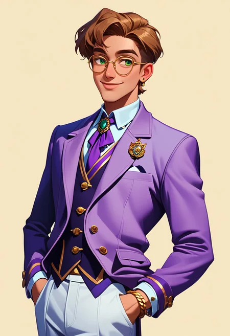 score_9, score_8_up, score_7_up, mgas, masterpiece, best quality, detailed eyes, detailed face, perfect eyes, high detailed, absurdres, highres, casual game art, mobile game art, merge 3 game art, character design, BREAK 1boy, man, mature, solo, smug, attractive, light brown hair, short hairstyle, green eyes, round black-rimmed glasses, white shirt under the jacket, purple silk tie, light purple knitted vest over the shirt, light brown jacket with 3 round small buttons on the cuffs, fake pockets on the jacket, white trousers, gold snake brooch on a tie, a gold chain bracelet on his right hand, BREAK holding on to the lapel of his jacket with both hands, standing, cowboy shot, looking to the left, BREAK simple background, white background