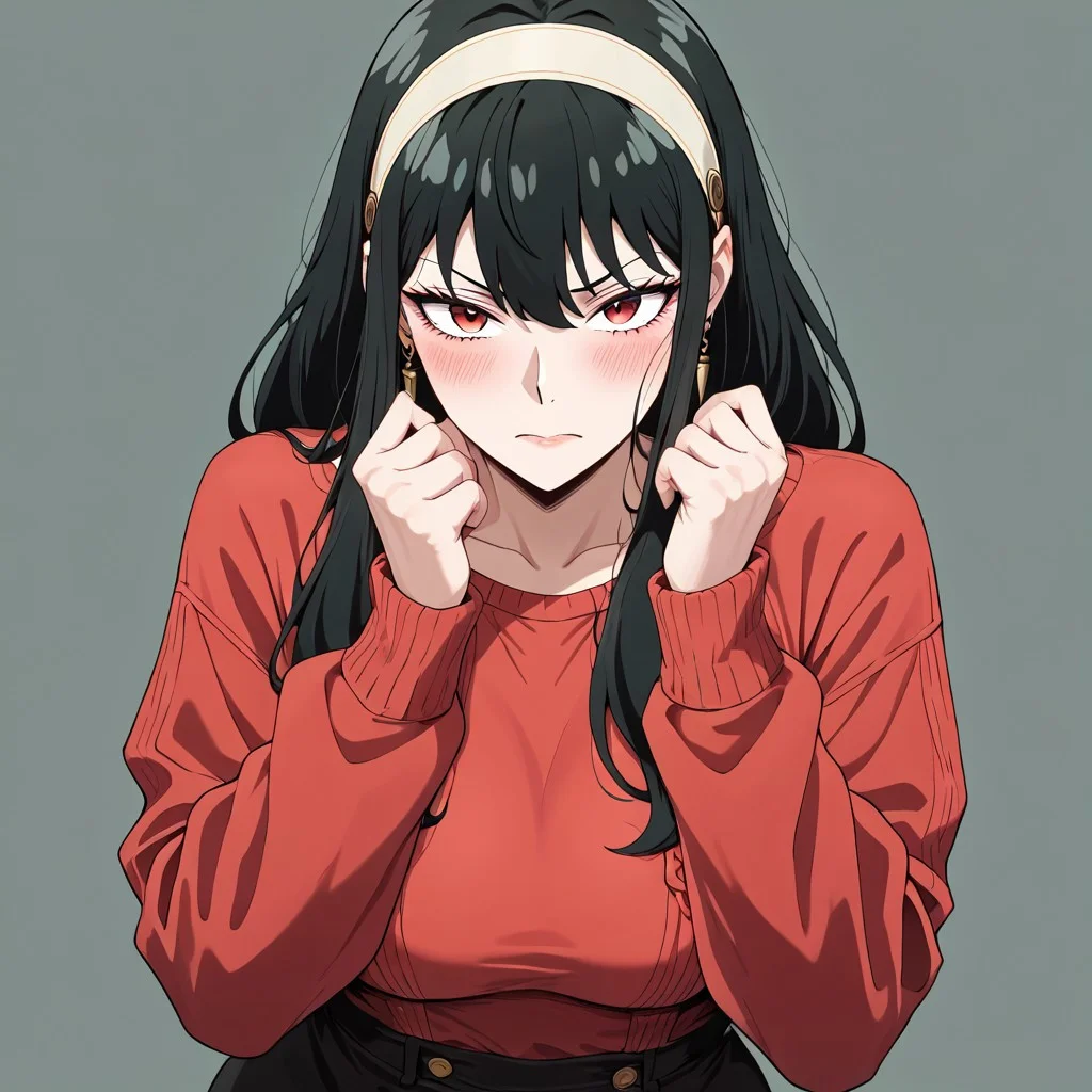 masterpiece, best quality, newest, absurdres, highres, FCMXV1.0, 1girl, yor_forger, spy_x_family, black_hair, red_eyes, red sweater