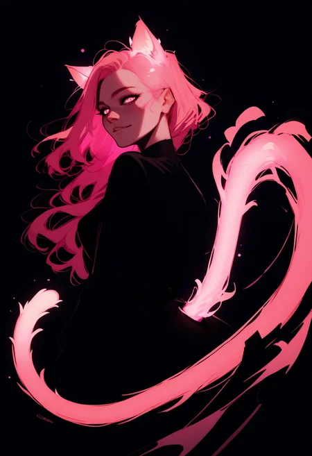 score_8_up, woman, looking at viewer,
pink hair, pink eyes,
cat ears, cat tail, glowing tail,
black background, night, ,
<lora:GlowingNoct:0.9> <lora:NoctFlatStyleV4:0.25>