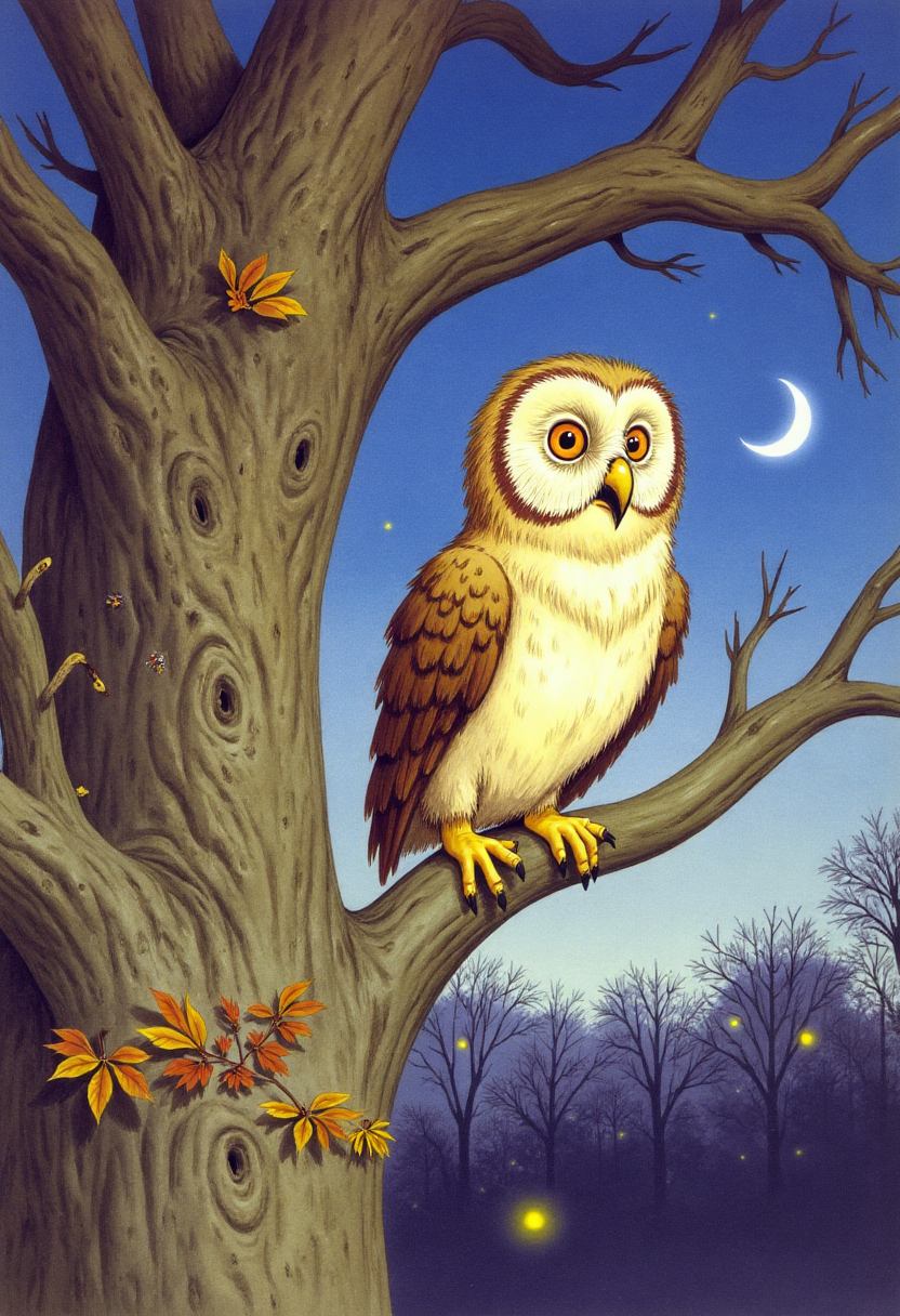 Old book illustration style, colored drawing of a wise owl perched on a twisted branch of an ancient oak tree at twilight. The owlâs feathers are detailed with soft browns and creams, and its large amber eyes gaze thoughtfully into the distance. Surrounding the branch are delicate autumn leaves and glowing fireflies. The background shows a deepening blue sky with a crescent moon rising behind silhouetted treetops. The scene is rendered with gentle brushstrokes and warm, muted colors, capturing a calm, magical storybook atmosphere. <lora:oldillustration_V1.1:0.9>