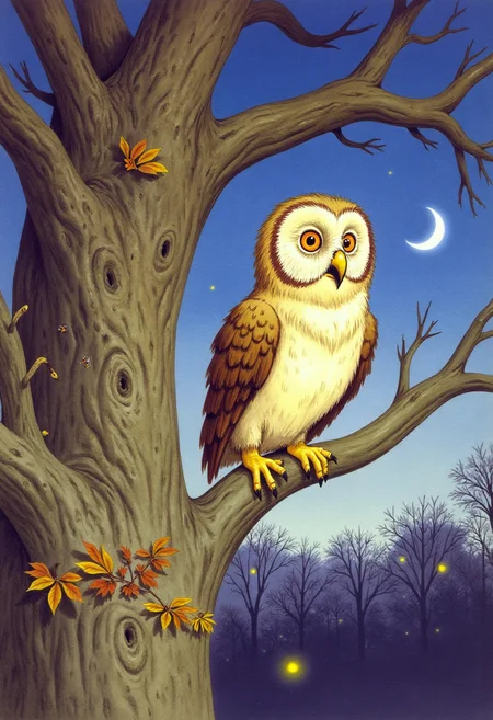 Old book illustration style, colored drawing of a wise owl perched on a twisted branch of an ancient oak tree at twilight. The owlâs feathers are detailed with soft browns and creams, and its large amber eyes gaze thoughtfully into the distance. Surrounding the branch are delicate autumn leaves and glowing fireflies. The background shows a deepening blue sky with a crescent moon rising behind silhouetted treetops. The scene is rendered with gentle brushstrokes and warm, muted colors, capturing a calm, magical storybook atmosphere. <lora:oldillustration_V1.1:0.9>