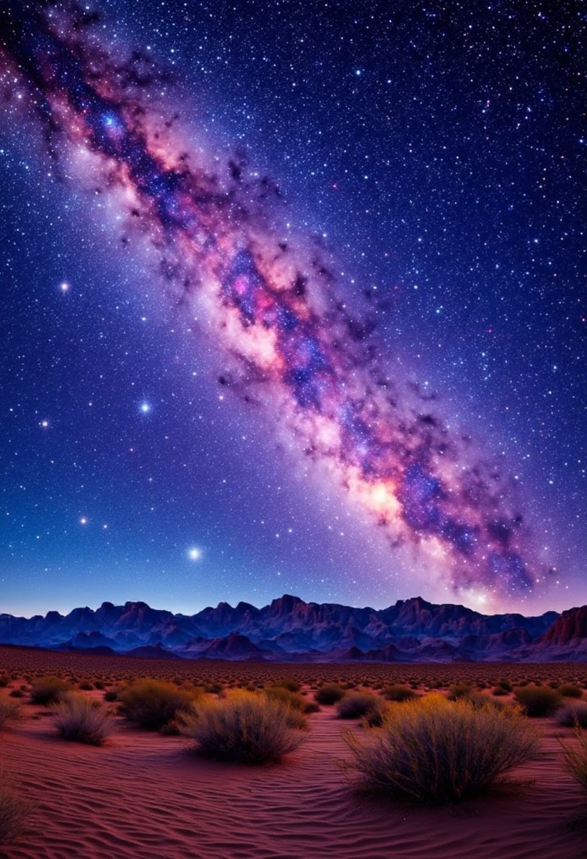 mlkwglx, Milky Way galaxy, stars, This is a high-resolution photograph capturing a breathtaking night sky over a desert landscape. The sky is dominated by a stunning display of the Milky Way, with its dense, swirling clouds of stars and dust. The colors range from deep purples, pinks, and oranges to the vivid blues and greens of the nebulae. The stars are numerous, small, and scattered across the sky, adding to the cosmic feel of the scene. Below the sky, the desert stretches out, with sandy dunes and sparse vegetation. The foreground features a mix of low-lying shrubs and grasses, their golden-brown hues contrasting with the dark sand. The dunes have a smooth, undulating texture, with ripples indicating wind patterns. In the background, rugged mountain ranges rise up, their silhouettes sharply defined against the night sky. The mountains are a mix of dark, shadowed areas and lighter, rocky peaks, with subtle variations in color indicating different rock types. The overall scene evokes a sense of vastness and isolation, with the stars and mountains forming a harmonious, yet contrasting, backdrop. The photograph is rich in detail and color, capturing the raw beauty and tranquility of a starry night in a remote desert.
