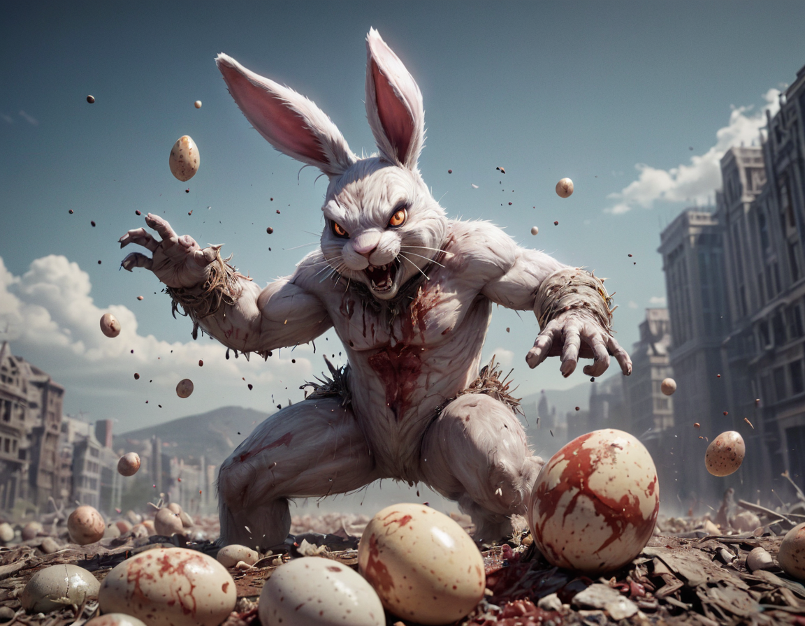 high quality, high detail, masterpiece, a detailed aerial  illustration of an enormous evil bloody easter bunny on rampage, wrecking havoc, crushing  eggs,