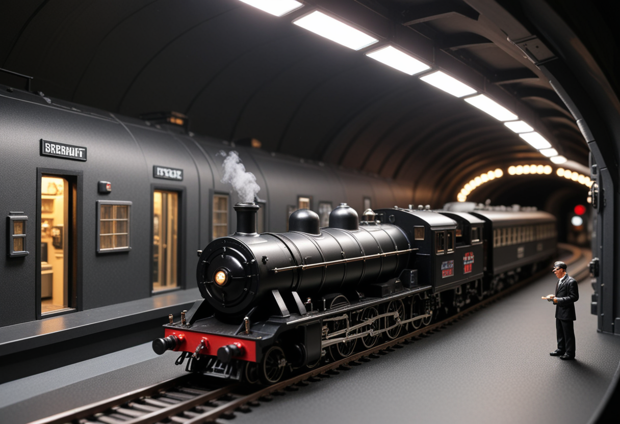 (limited-edition G scale black model train) with plastic body, steam-driven mechanism, illuminated interiors, custom nameplates, winding through  a futuristic tunnel diorama, with sleek metallic walls, an underground laboratory, scientists at work, automated drones hovering,  Masterpiece,best quality, photo, realistic, very aesthetic,