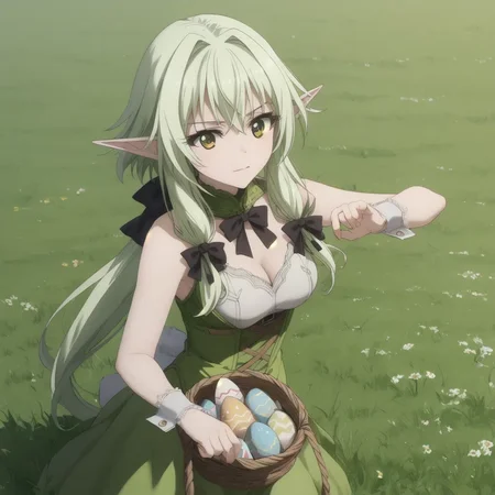 (score_9, score_8_up, score_7_up), 1girl, solo, joyous springtime, sheer lace bunny costume, easter egg, satin wrist cuffs, velvet collar, easter, egg, basket, rabbit, dynamic angle, detailed background, playful pose with egg, delighted face, sunny lighting, grassy field, Yousei Yunde, high elf archer, long hair, green eyes, bow, hair bow, black bow, sidelocks, green hair, pointy ears, elf,