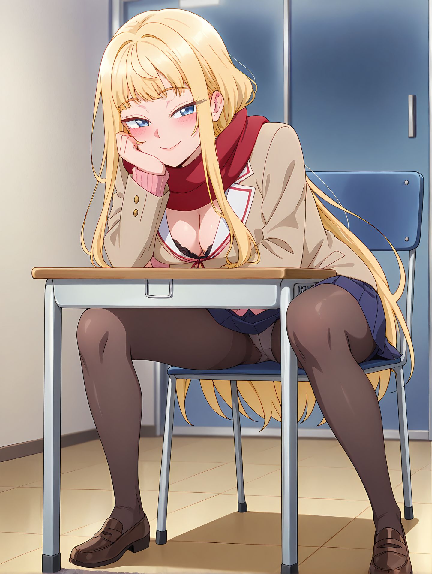 masterpiece,best quality,anime coloring,anime screenshot,
<lra:bra_peek:1>bra_peekV1,
1girl,pantyhose, blush, solo,
skirt,panties,  (bra peek:1.4), black lace bra, seductive smile, 
panty shot, sexy pose,sitting,  chair, legs apart, head rest, 
full body, 
<lora:minami_fuyuki:0.8>minami, blonde hair, long hair, scarf, blue eyes, school uniform, red scarf,  jacket, cleavage, very long hair, breasts,blush, blazer, cardigan, ribbon ,long sleeves, medium breasts, bangs, sidelocks,