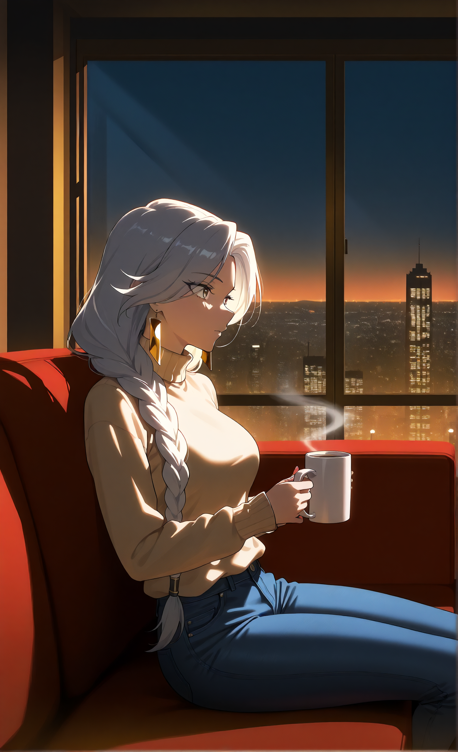masterpiece, sharp detail, intricate detail, 1girl, <lora:To_be_hero_X_-_Queen:0.8> queen \(to be hero x\), alternate costume, golden earrings, long braid, indoors, turtleneck sweater, jeans, seating on sofa, holding coffee mug, from side, looking to the side, huge window, city scape, evening, city lights, light and shadow contrast, chiaroscuro, volumetric lighting, dappled light, dramatic shadows, cinematic lighting, detailed background,