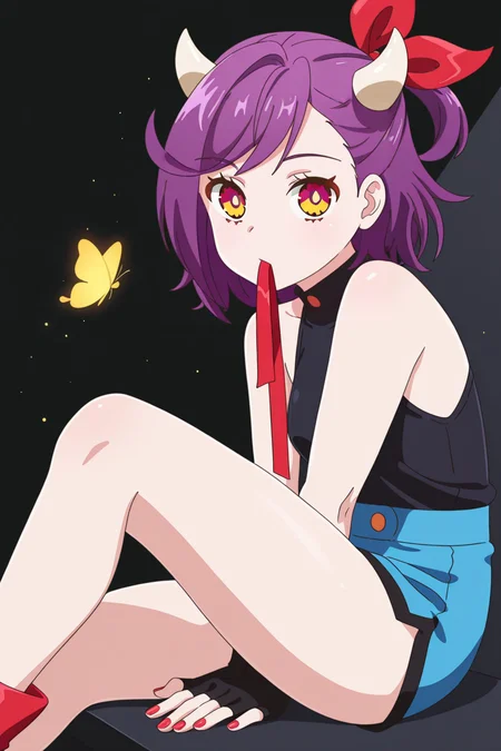 <lora:AcroTrip:1>, AcroTrip, 1girl, solo, horns, gloves, fingerless gloves, bug, looking at viewer, sleeveless, butterfly, sitting, red nails, bare shoulders, black gloves, mouth hold, ribbon, sleeveless shirt, black shirt, nail polish, shirt, between legs, hand between legs, red ribbon, thighs, hair ribbon, knee up