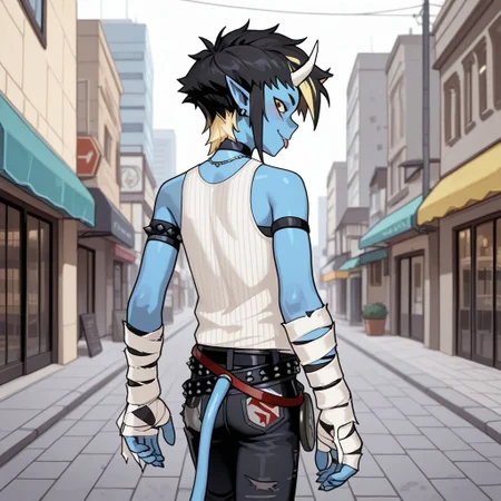masterpiece, best quality, amazing quality,  alterr3mifort, male, solo, humanoid, blue skin, black hair, short hair, spiked hair, yellow highlights, yellow sclera, red eyes, scar, horns, sharp teeth, pointy ears, tail, ear piercings, black collar, tank top, necklace, armbands, arm sleeves, bandages, studded belt, black jeans, ripped jeans, red sneakers, walking, smile, tongue out, looking back, from behind, outdoors, sidewalk, city
