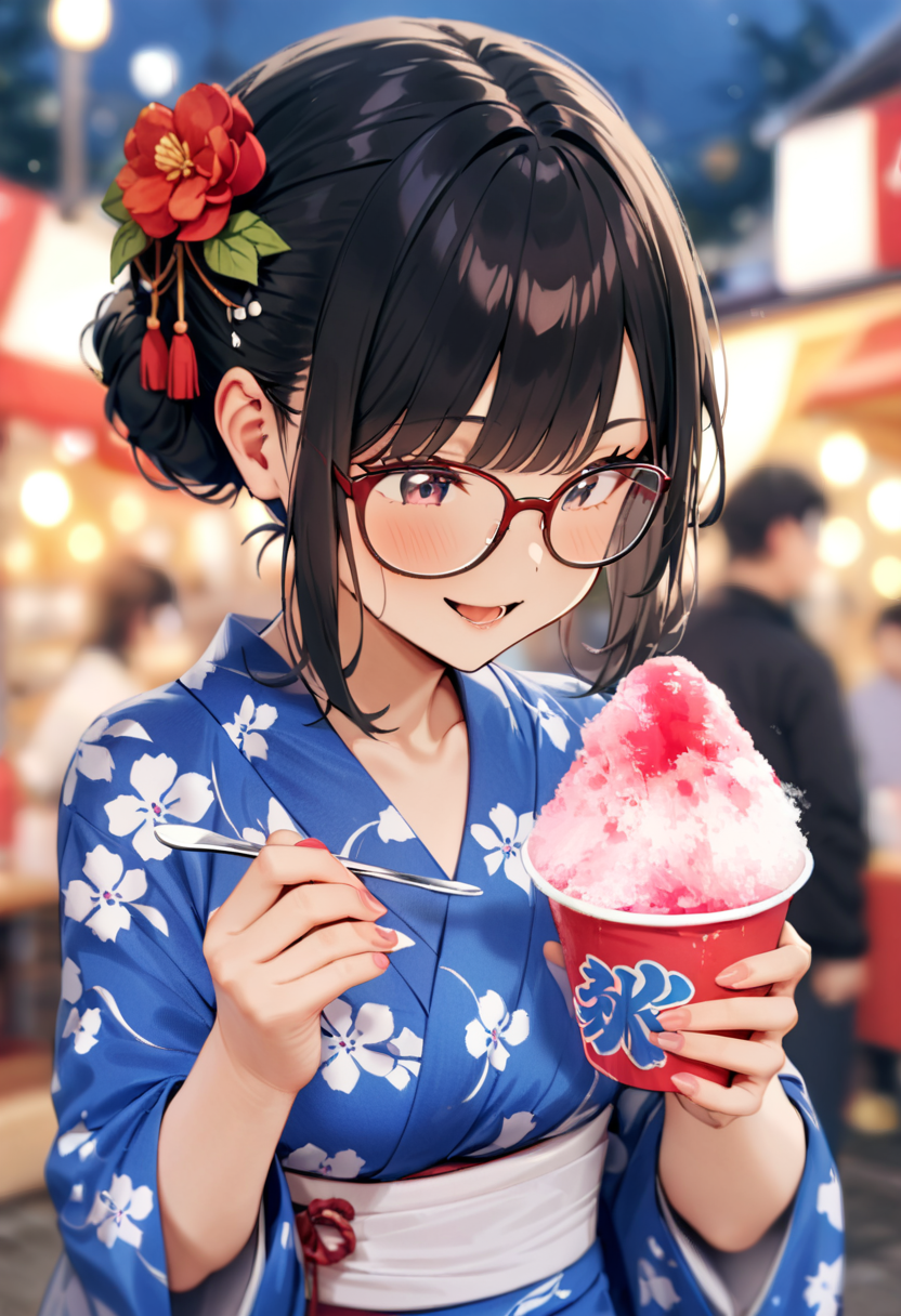 masterpiece, best quality, very aesthetic, absurdres,
1girl, solo, glasses, black hair, short hair, hair bun, hair ornament, yukata, floral print,
holding spoon, holding, holding food, kakikoori_red, shaved ice, cup, food, spoon, outdoors, blurry background,
 <lora:kakikoori_SDXL_V2:1>