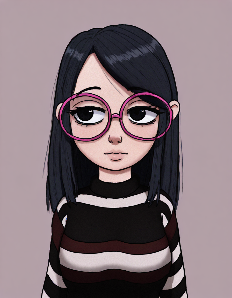 <lora:Purcubo_Style_Illust:1>,purcubo_style,long black hair, large round glasses with pink frames, black and brown striped sweater