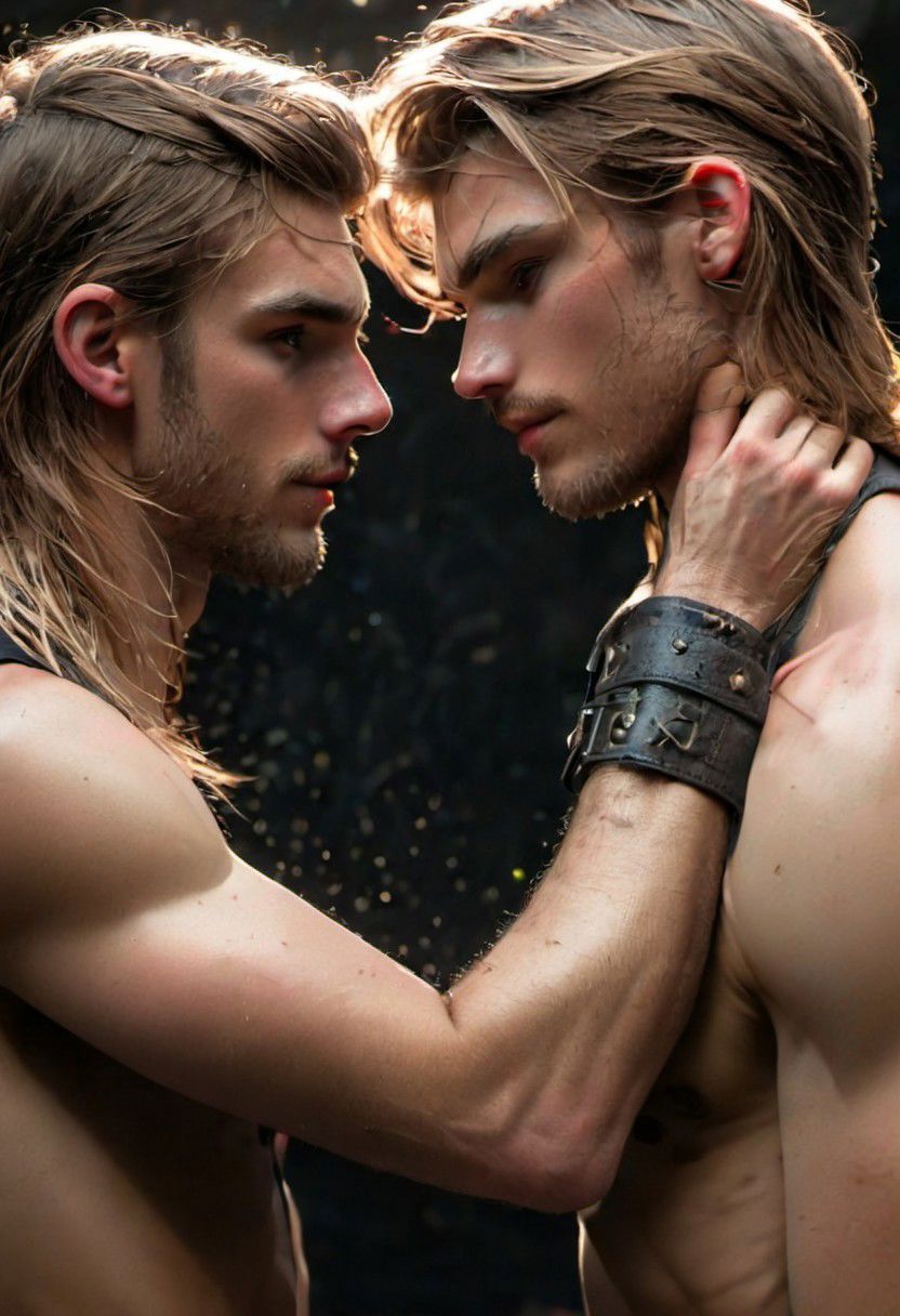 kyle ross, male focus, 2men, full bodies of two handsome 18yo platinum blonde twinks hugging and kissing, close up of faces kissing, holding each other from behind, hugging from behind, face focus, dynamic posture, dramatic angle, camera angle from below, shirtless, stubble, hands on each other's chest, black dog collar, black neck collar, long chain necklace, shirtless, kinky,
skinny muscled, slender muscled, skinny, slender features, narrow shoulders, detailed armband tattoo, cute face, boyish face, perfect biceps, bicep veins, bulging veins, defined veins, great pecs, thin waist, angular face, strong and powerful, sporty, predatory look, feathered hair, long hair, shoulder length hair, great detail, satisfaction, blue eyes, bubble butt, small ass, small butt, tight shorts, 
(Masterpiece, high quality:1.3), masterpiece, depth of field, bokeh, detailed, homoerotic, (homoerotic), highly detailed, sharp focus, intricate, smooth, elegant, fantasy, cinematic lighting, cinematic, masterpiece, matte, photorealistic, 4k, beautiful, volumetric lighting, dramatic, photo-realistic, life-like, high detail, lighting, 8Knematic lighting, 8K, contrast lighting, contrasting lighting, cinematic lighting,