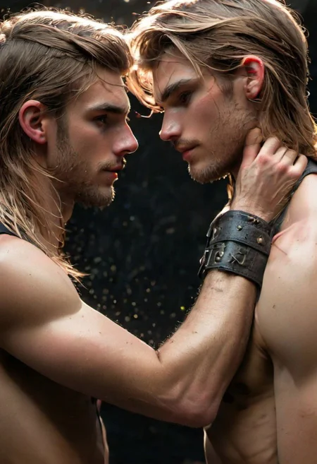 kyle ross, male focus, 2men, full bodies of two handsome 18yo platinum blonde twinks hugging and kissing, close up of faces kissing, holding each other from behind, hugging from behind, face focus, dynamic posture, dramatic angle, camera angle from below, shirtless, stubble, hands on each other's chest, black dog collar, black neck collar, long chain necklace, shirtless, kinky,
skinny muscled, slender muscled, skinny, slender features, narrow shoulders, detailed armband tattoo, cute face, boyish face, perfect biceps, bicep veins, bulging veins, defined veins, great pecs, thin waist, angular face, strong and powerful, sporty, predatory look, feathered hair, long hair, shoulder length hair, great detail, satisfaction, blue eyes, bubble butt, small ass, small butt, tight shorts,
(Masterpiece, high quality:1.3), masterpiece, depth of field, bokeh, detailed, homoerotic, (homoerotic), highly detailed, sharp focus, intricate, smooth, elegant, fantasy, cinematic lighting, cinematic, masterpiece, matte, photorealistic, 4k, beautiful, volumetric lighting, dramatic, photo-realistic, life-like, high detail, lighting, 8Knematic lighting, 8K, contrast lighting, contrasting lighting, cinematic lighting,