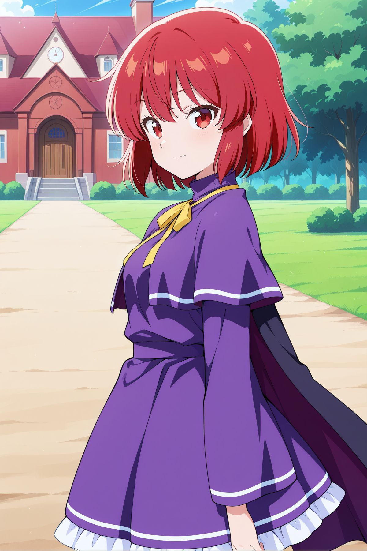 absurdres, highres, masterpiece, best quality, amazing quality, official anime artwork, screencap, anime screencap, outdoors, looking at viewer, light smile, from the side, dynamic pose, 
 <lora:Marisa-Kirisame-PC98_Illustrious:1> Marisa98, 1girl, solo, red eyes, red hair hair, short hair, small breasts,, puple cape, purple turtleneck, purple dress, capelet, frilled skirt, long sleeves, wide sleeves, yellow neck ribbon,  
day, scarlet devil mansion,