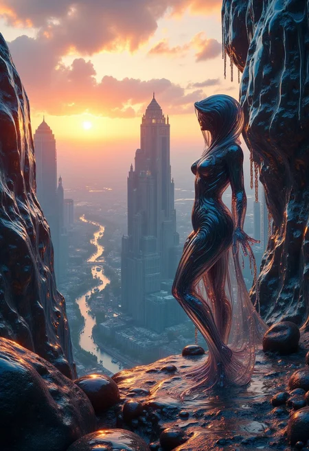 fantasy. a woman in a tight coat with a hood on her head. coat with complex details. stands on a cliff. The cliff is made of glass. View through the transparent rock glass. A river can be seen under the rock. sun in background
perfection style, vivid colors, colorful, glass, transparent