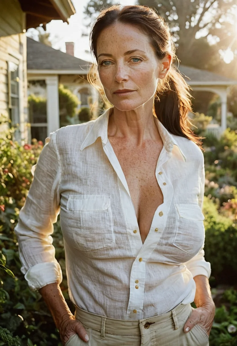 Stunning analog photo of a beautiful 64 years old Teutonic girl, cargo pants, loose  linen shirt, half length, perfect face, absolute beauty, sexy pose, natural [auburn|raven black] hair, ponytail, blue eyes, freckles, freckles and moles all over body,slim hips, slender, (ass:0.5),   garden  of a 2-story Oakland Victorian house, late afternoon, misty, soft natural golden hour light, 70mm, film grain, masterpiece, sharp focus, shot on Kodak, lens flare, cinematic, (ultra high res: 1.2), (photo-realistic: 1.3) (skin pores: 1.1)
 <lora:stvmccrr:0.15>  covered nipples <lora:SDXL_Massive-Cows-LoRA_v3C:0.5> massive breasts, huge breasts
