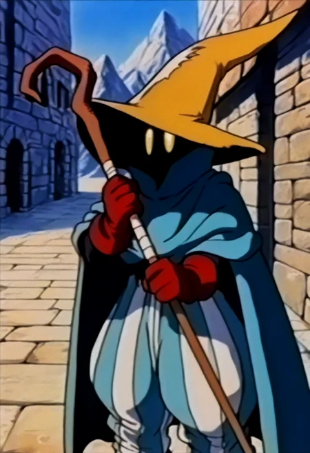 masterpiece, best quality, solo, looking at viewer, 1boy, looking at viewer, <lora:Ziggy-illus_Fp:1>, ziggy, yellow eyes, shaded face, faceless, no mouth, wizard hat, striped pants, cloak, robe, gloves, puffy pants, holding staff, <lora:FeOVA_GLoRA-illus_Fp-000045:1>, retro artstyle, outdoors,