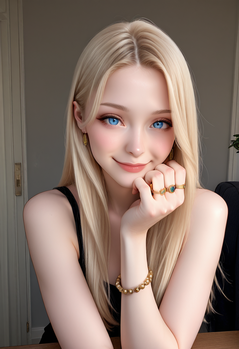 masterpiece, best quality, closed mouth,   1girl, solo, long hair, looking at viewer, smile, blue eyes, blonde hair, jewelry, bracelet, ring,   ,  <lora:R3alB3auty_IXL_v1:1.0>,