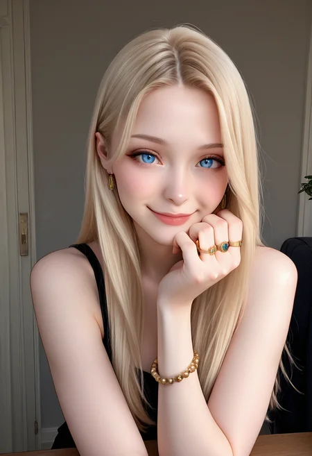 masterpiece, best quality, closed mouth,   1girl, solo, long hair, looking at viewer, smile, blue eyes, blonde hair, jewelry, bracelet, ring,   ,  <lora:R3alB3auty_IXL_v1:1.0>,
