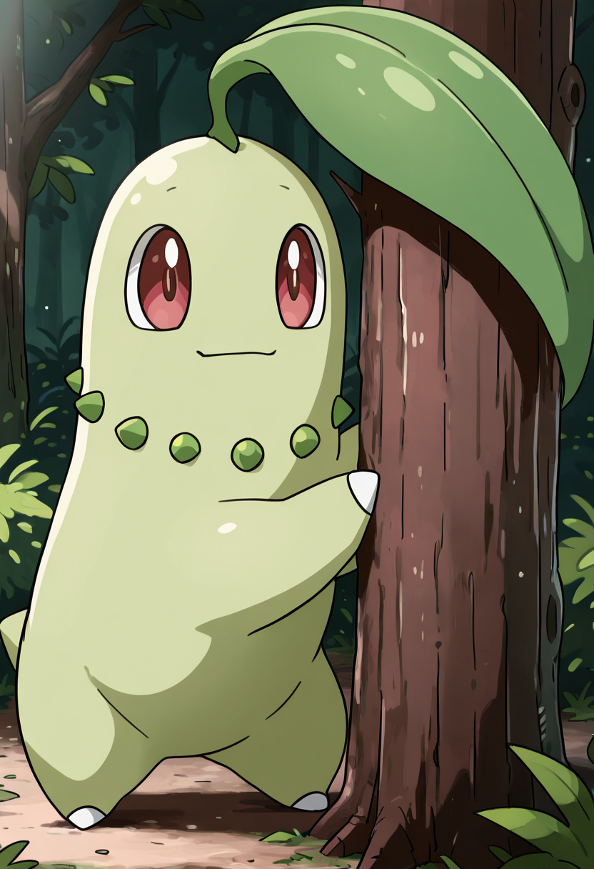 masterpiece, best quality, no humans, solo,    zzChikorita, peeking over a mossy log with quiet curiosity, morning mist curling around its small green body.    ,<lora:ChikoritaPokedex_IXL:1.0>,